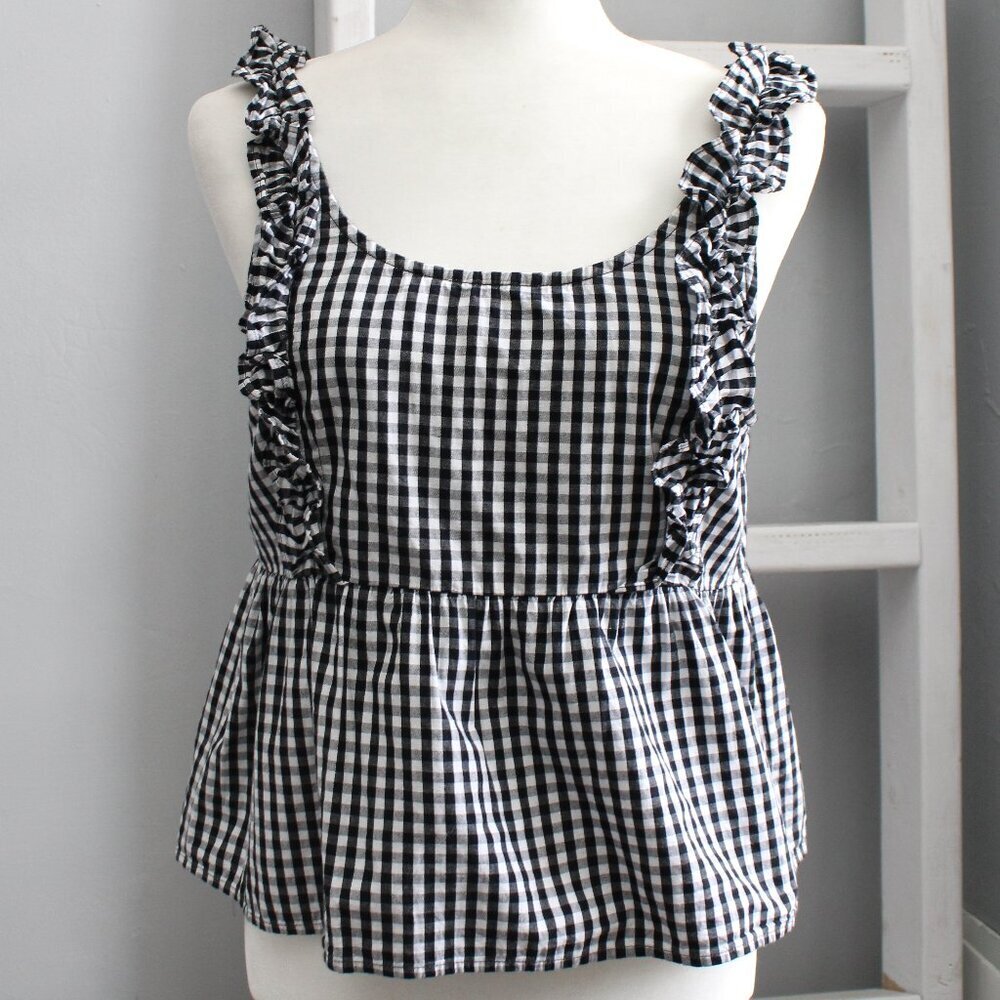 Forever 21 Gingham Peplum Low-Back Black White Ruffle Sleeveless Top Size Medium